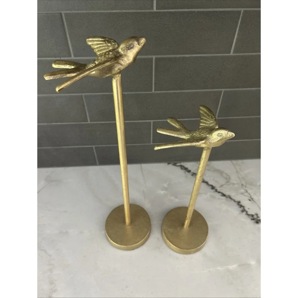 Pier 1 Gold Bird Statues Set of 2 Tall Pedestal Birds Modern Glam Decor